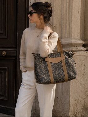 Vintage Yves Saint Laurent Beige and Gray Canvas Satchel Tote